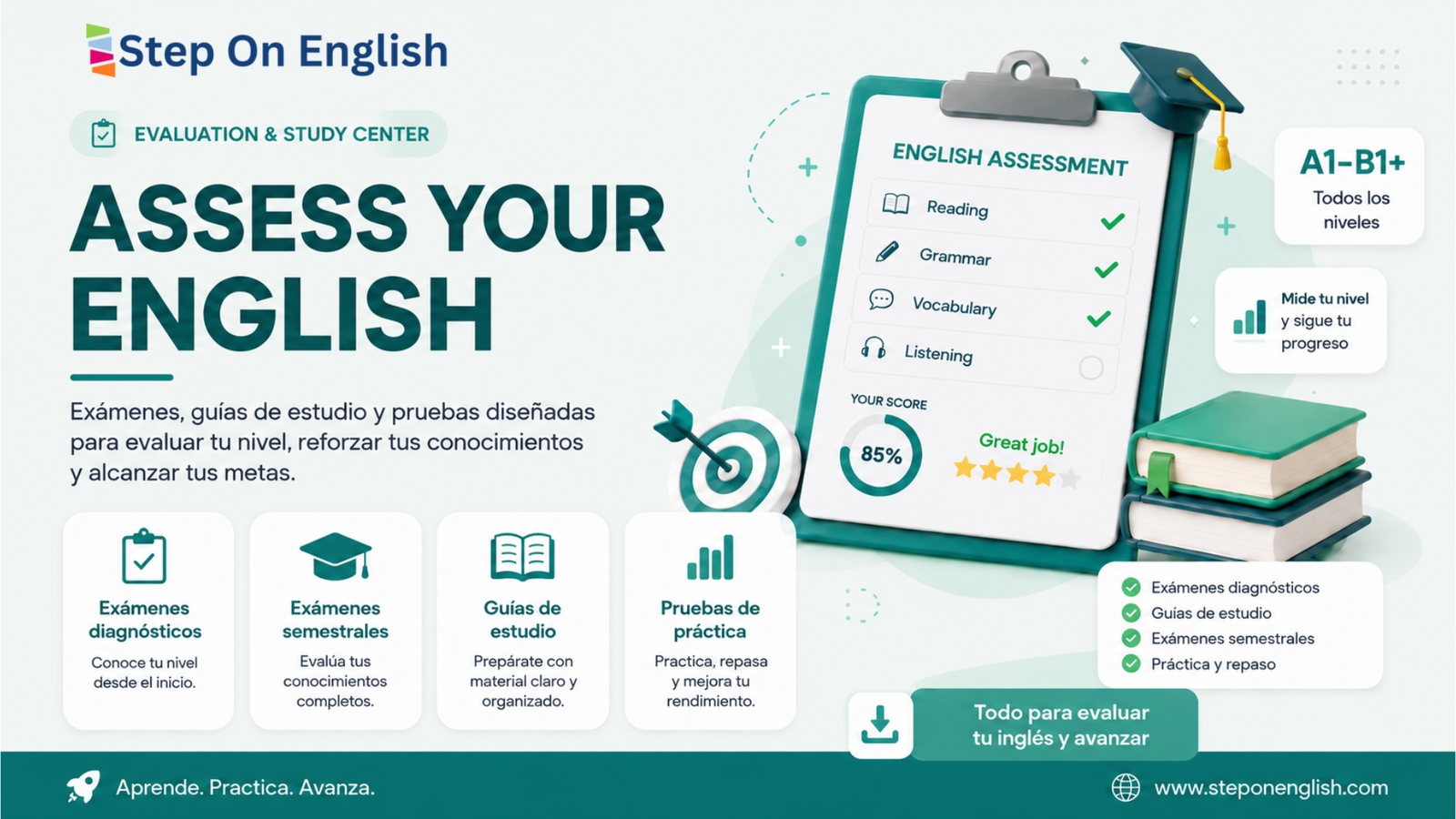 Assess Your English - Página de exámenes y guías para medir tu progreso - Step On English