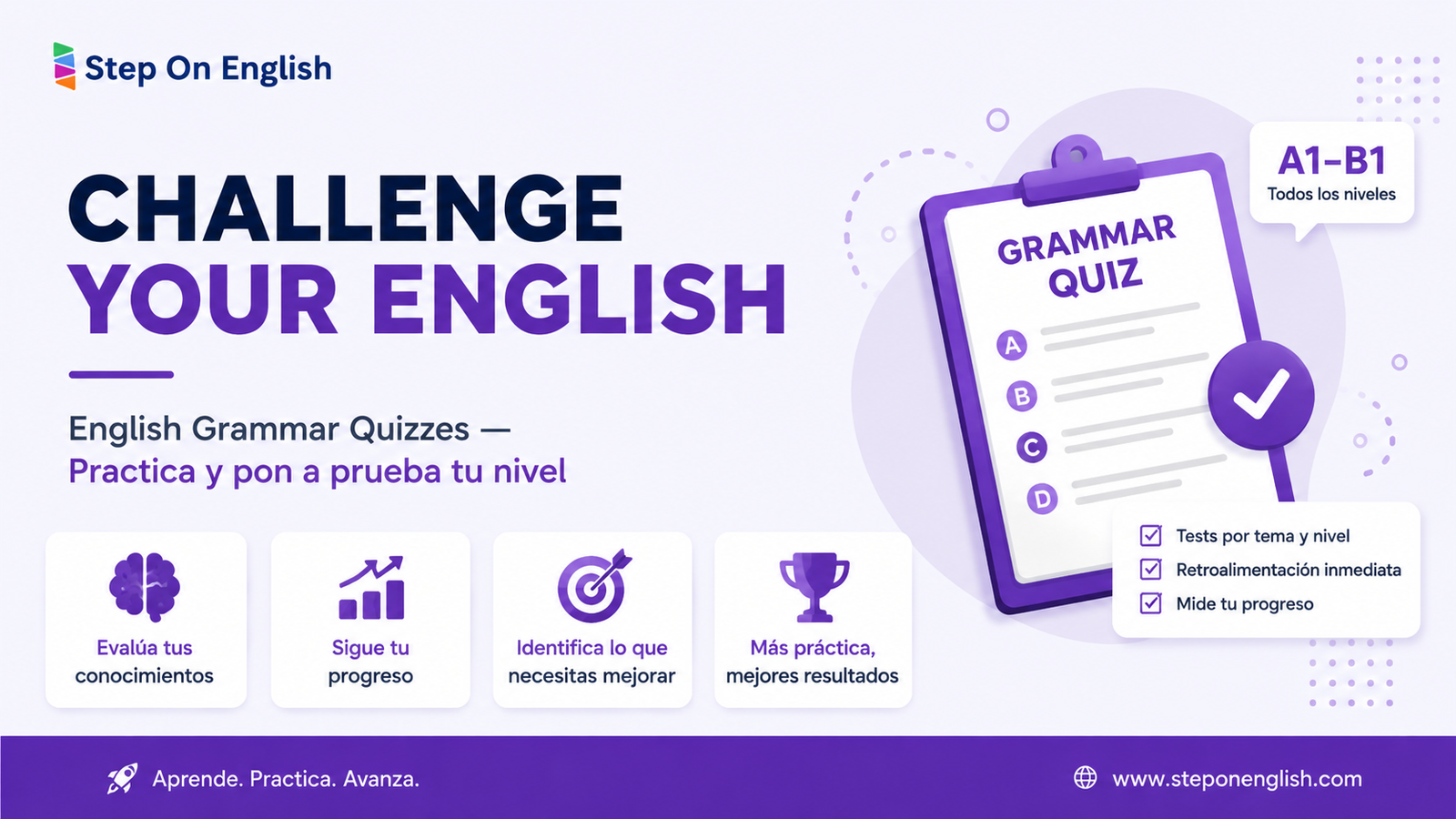 Índice de quizzes de gramática en inglés por nivel — Step On English