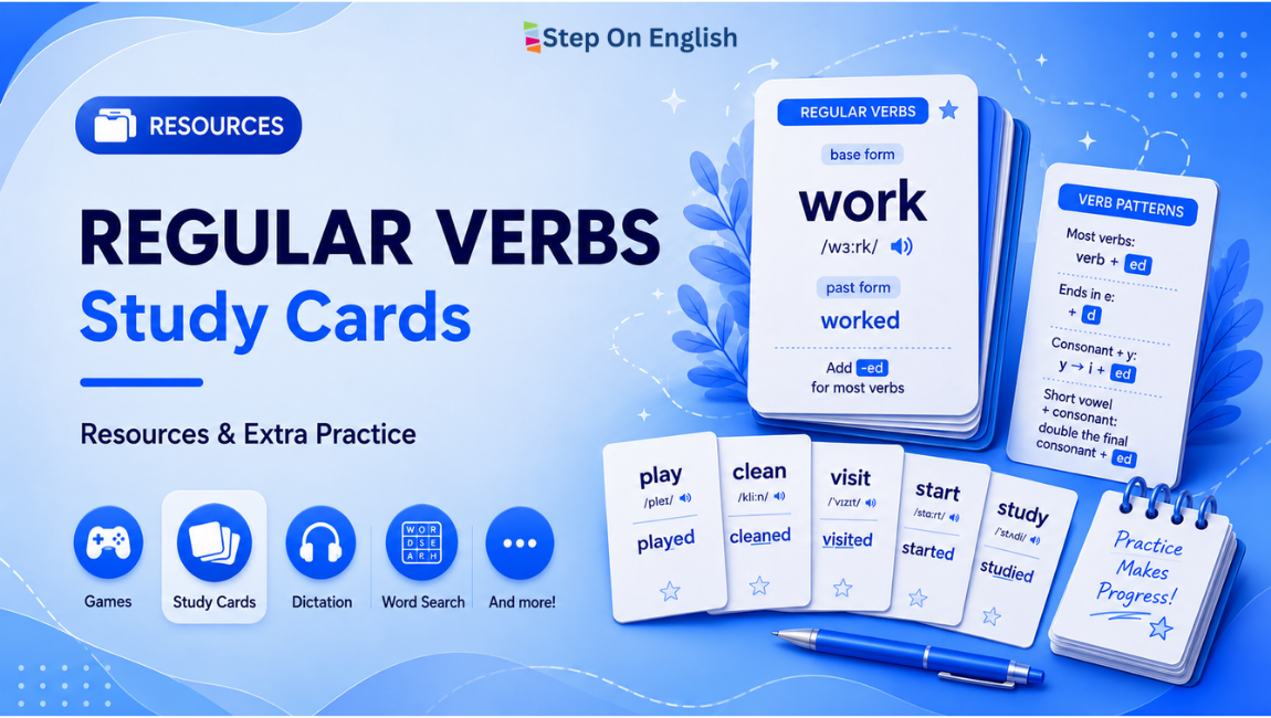 Portada de las Regular Verbs Study Cards - Step On English